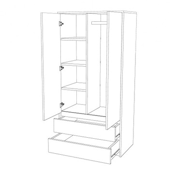 Белый шкаф с 2 ящиками, 2 дверцами, штанга 90 см, 4 полки, вместительный шкаф