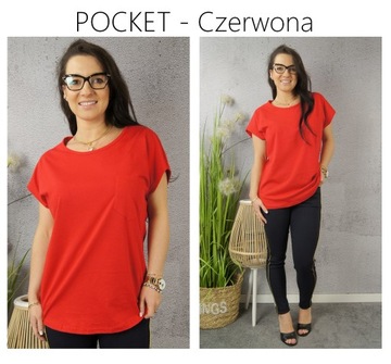 BLUZKA BAWEŁNIANA damska T-SHIRT koszulka GŁADKA z KIESZONKĄ KOLORY, r. L