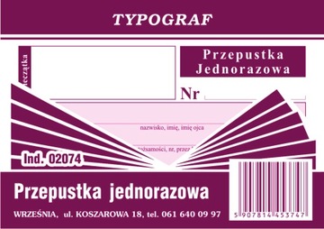 DRUK 02074 PRZEPUSTKA JEDNORAZOWA A7 TYPOGRAF