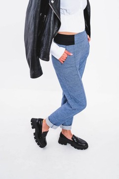 Bawełniane spodnie damskie dresowe w kolorze jeansu w kant guma w pasie L