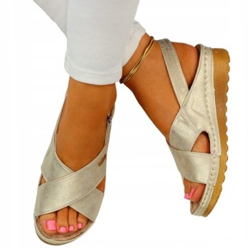 SANDAŁY DAMSKIE POLSKIE SKÓRA NISKI KOTURN RZEP