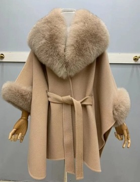 Piękny Płaszcz Ponczo 100% Wełna Futro naturalne z Lisa 36 S