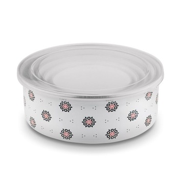 Набор из 3-х ЭМАЛИРОВАННЫХ ГОРШКОВ с крышками Фольклор + кружки, тадарские миски