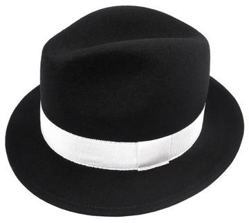 Czarny kapelusz męski z białym paskiem Fedora WEŁNA STYL AL CAPONE G5 r. 59