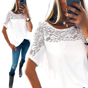 . BIAŁA BLUZKA Z KORONKĄ LUŹNA KOSZULA OVERSIZE XS