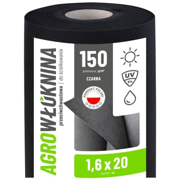 AGROWŁÓKNINA CZARNA 150g NA CHWASTY 1,6x20m MOCNA AGROWŁÓKNINA GRUBA