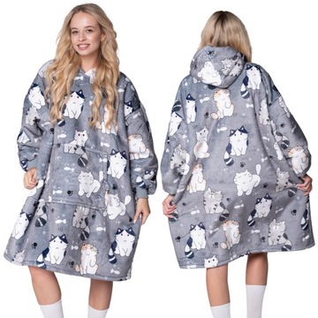 KOC BLUZA Oversize Ciepła Gruba KOCOBLUZA 2w1 XXL KOTY Futrzak z Kapturem