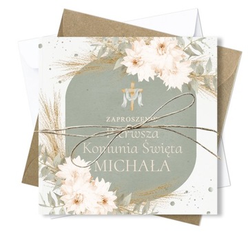 Zaproszenia na Komunię Świętą Komunijne Boho Sage Imię + Koperta + Sznurek
