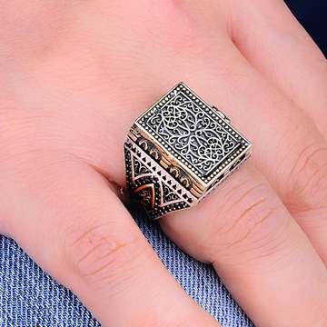 Unique 925K Sterling Silver Men's Ring with Secret Box,Ottoman Design