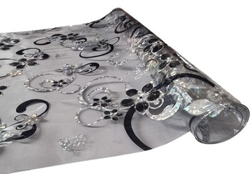 MATA OCHRONNA W CZARNO SREBRNE WZORY KWIATY GLAMOUR BEZBARWNA 60X100