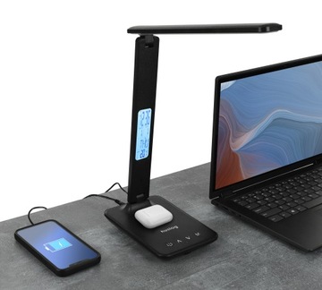 Светодиодная настольная лампа-календарь с часами черная SMART с индуктивной зарядкой