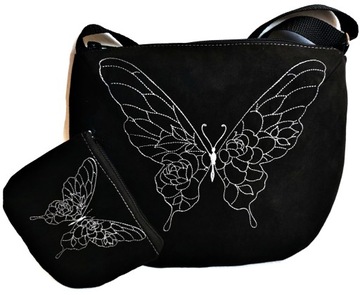 torebka czarna na ramię motyl, czarna torebka z motylem listonoszka