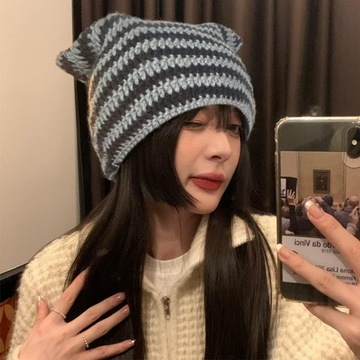 Женская вязаная шапка-бини в полоску, Y2K Готическая вязаная крючком шапка с кошачьими ушками,