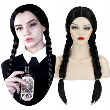 Czarna Peruka Wednesday Addams Długie Warkocze Włosy Czarne Halloween Bal