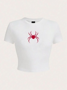 Simple Red Spider Prints Crop T-Shirt Street Cropp