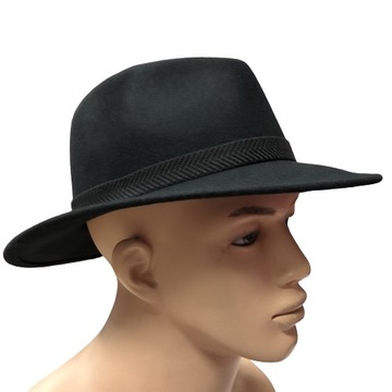 Włoski czarny męski kapelusz filcowy fedora crushable filc 55cm melonik