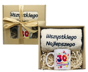 PREZENT NA 30 URODZINY ZESTAW RĘCZNIK KUBEK Kosz Prezentowy Pamiątka