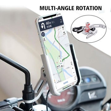 Solidny uchwyt CNC z USB do telefonu/GPS na lusterko motocykla.