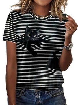 T-SHIRT DAMSKI KOSZULKA PASKI 3D CZARNY KOTEK FULLPRINT S