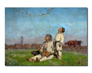 duży Obraz JÓZEF CHEŁMOŃSKI BOCIANY reprodukcja 90x60cm pejzaż wsi