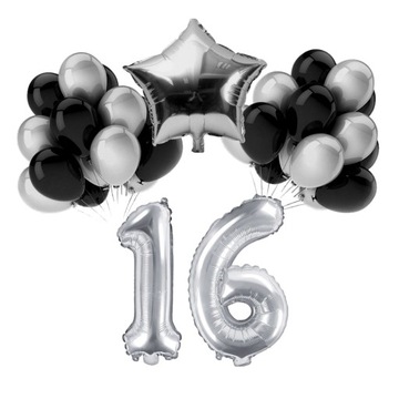 ZESTAW BALONY 16 URODZINY SREBRNY CZARNY SREBRNE 16 ROCZNICA ŚLUBU