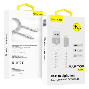Kabel RAPTOR pleciony USB NA LIGHTNING - 2,4A 1m BIAŁO-SREBRNY