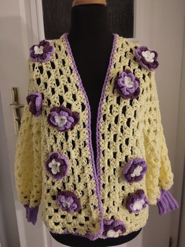 Sweter handmade boho hippie na szydełku kwiaty