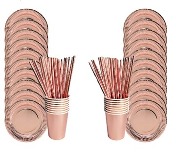 ZESTAW KUBECZKI TALERZYKI SŁOMKI ROSE GOLD