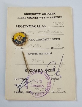 ZŁOTA ODZNAKA OZPN OKRĘGOWY ZWIĄZEK PIŁKI NOŻNEJ W LESZNIE PLUS NADANIE