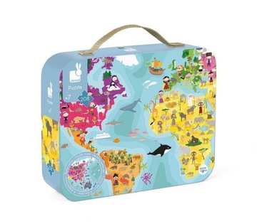 Janod dwustronne puzzle w walizce MAPA ŚWIATA 2655