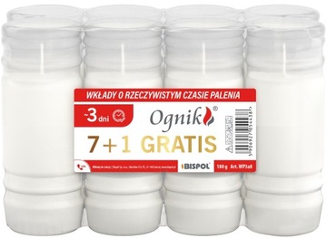 Wkłady do zniczy parafinowe Bispol 3 dni palenia wysokość 14,5 cm - 8 sztuk
