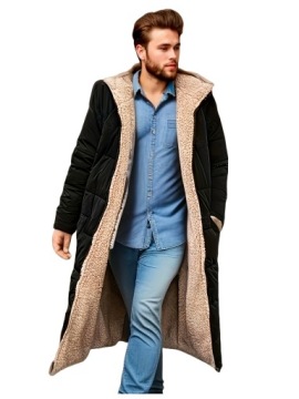 DŁUGI MĘSKI PŁASZCZ POLAROWY JESIENNO ZIMOWY DWUSTRONNY OCIEPLANY FUTERKIEM