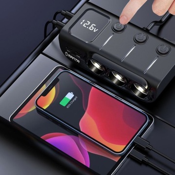 Разветвитель прикуривателя, автомобильное зарядное устройство USB-C PD USB QC 120 Вт