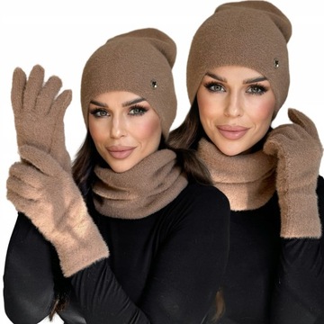 KOMPLET DAMSKI CZAPKA KOMIN GOLF TUBA RĘKAWICZKI ZESTAW CIEPŁY ALPAKA KOLOR