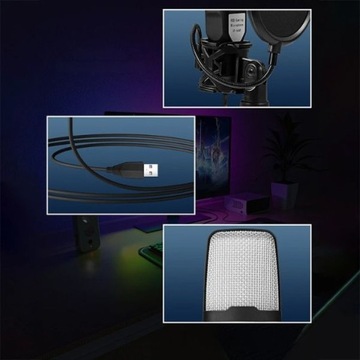 Mikrofon pojemnościowy USB do komputera PC Led RGB Filtr pop