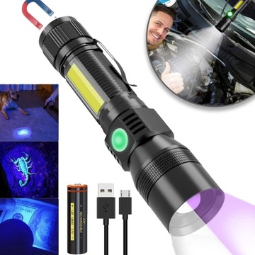 MOCNA LATARKA UV LED ZOOM Z COB SURVIVALOWA AKUMULATOROWA USB DO BURSZTYNÓW