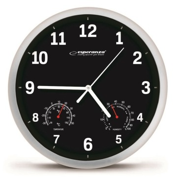 ZEGAR ŚCIENNY CZARNY+TEMPERATURA WILGOTNOŚĆ 25CM