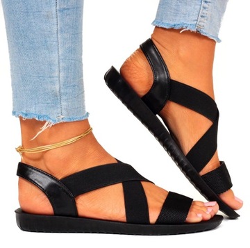 ЧЕРНЫЕ ЖЕНСКИЕ САНДАЛИИ С РАННЯМИ, ПЛОСКИМ НИЗОМ