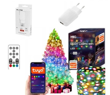 Lampki choinkowe 20m 200 lampek MULTICOLOR RGB TUYA WIFI TAŚMA + ZASILACZ