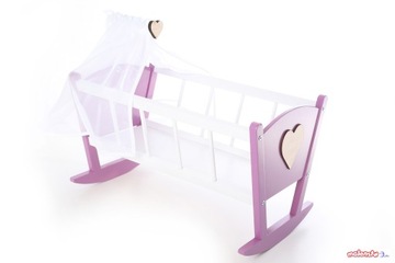 KOŁYSKA JAGODOWA + BALDACHIM I POŚCIEL KOŁYSKA DREWNIANA KOLOROWA DLA LALEK