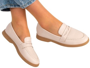 MOKASYNY PÓŁBUTY BEŻOWE SKÓRZANE DAMSKIE 38