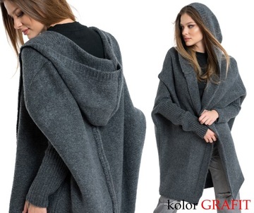 NEIRO LUŹNY SWETER KARDIGAN Z KAPTUREM OVERSIZE