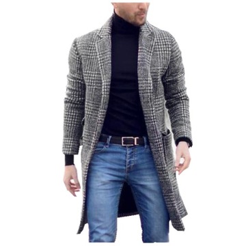 Elegancki męski płaszcz jesienno-zimowy średniej długości w kratę