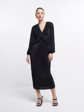 River Island sxy czarna sukienka falbana dekolt plisowana L NG9
