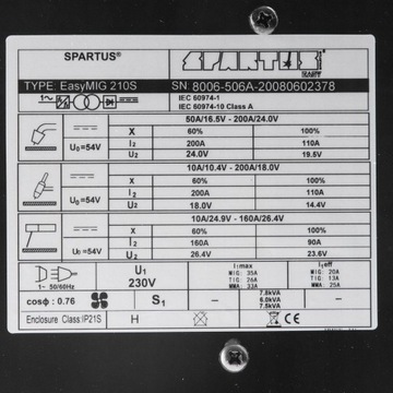 ПОЛУАВТОМАТИЧЕСКИЙ СВАРОЧНЫЙ АППАРАТ SPARTUS EASY MIG 210S MMA TIG ALU SYN 3IN1