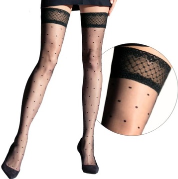Czarne Pończochy SEXY GROSZKI Samonośne kropki Koronka 20 DEN 1/2 NERO S/M
