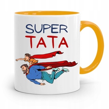 KUBEK ŻÓŁTY DZIEŃ OJCA DLA TATY SUPER TATA PREZENT z Nadrukiem ze Zdjęciem