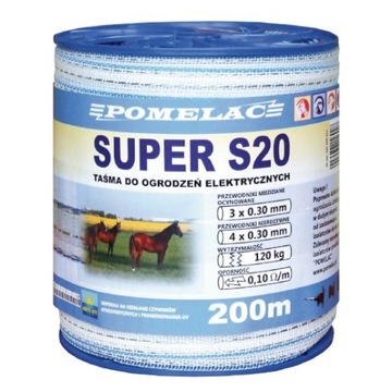 PASTUCH TAŚMA OGRODZENIOWA DLA KONI POMELAC SUPER S-20 MM/200 OPÓR 0,10 Ohm