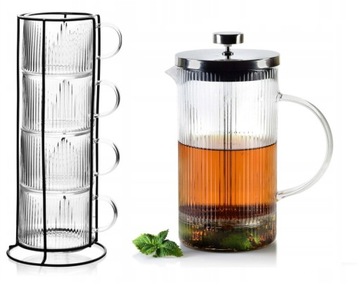KOMPLET FILIŻANEK 4 x 350 ML NA STOJAKU + ZAPARZACZ DO KAWY HERBATY ZESTAW