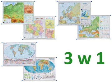 POLSKA EUROPA ŚWIAT MAPA ŚCIENNA x 3 ZESTAW MAP ART MAP